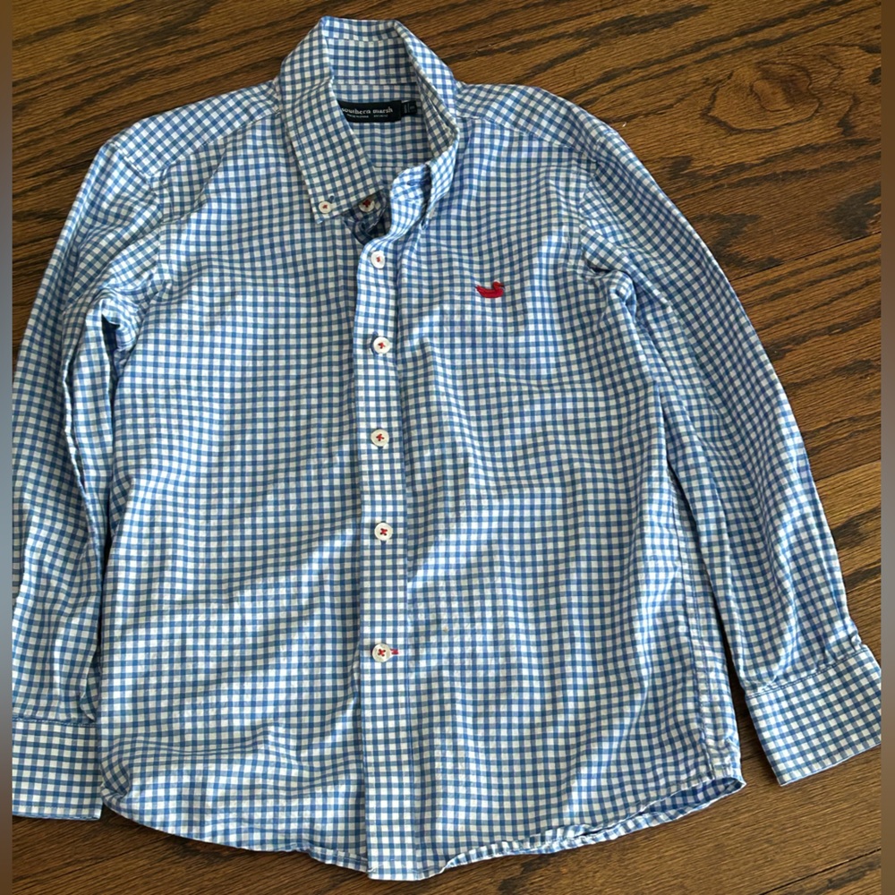 Southern Marsh Blue and White Gingham Button Down Shirt w/ Red Embroidered Logo
